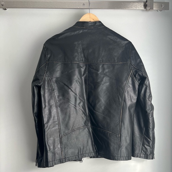 Black Men’s Leather Jacket Banded Collar - Picture 2 of 5